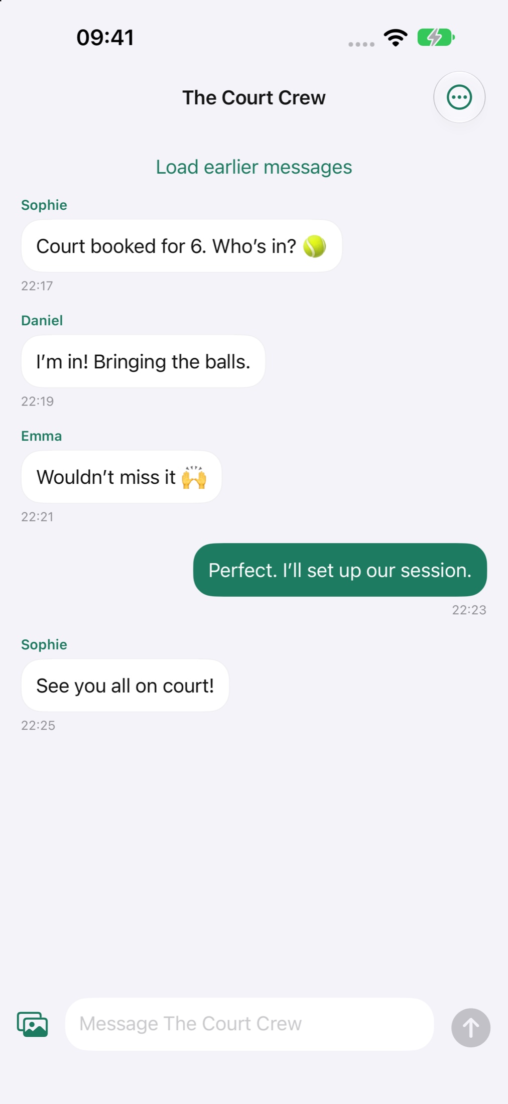 The Court Crew group chat, with Sophie, Daniel, Emma and Alex arranging a padel session