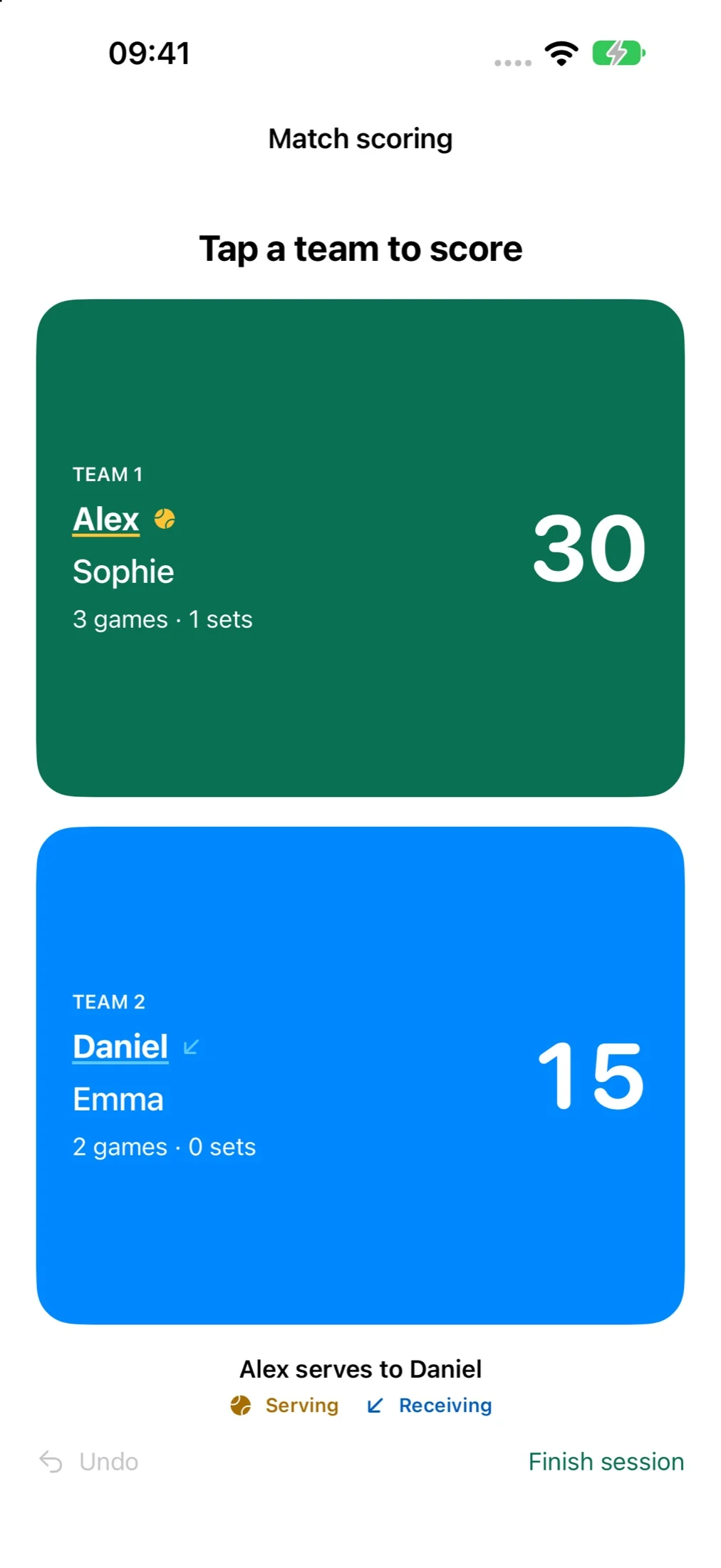 Nester Play phone scoring controls with teams and the current score